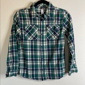Tea Collection long sleeve plaid flannel shirt kids Sz 12 green EUC